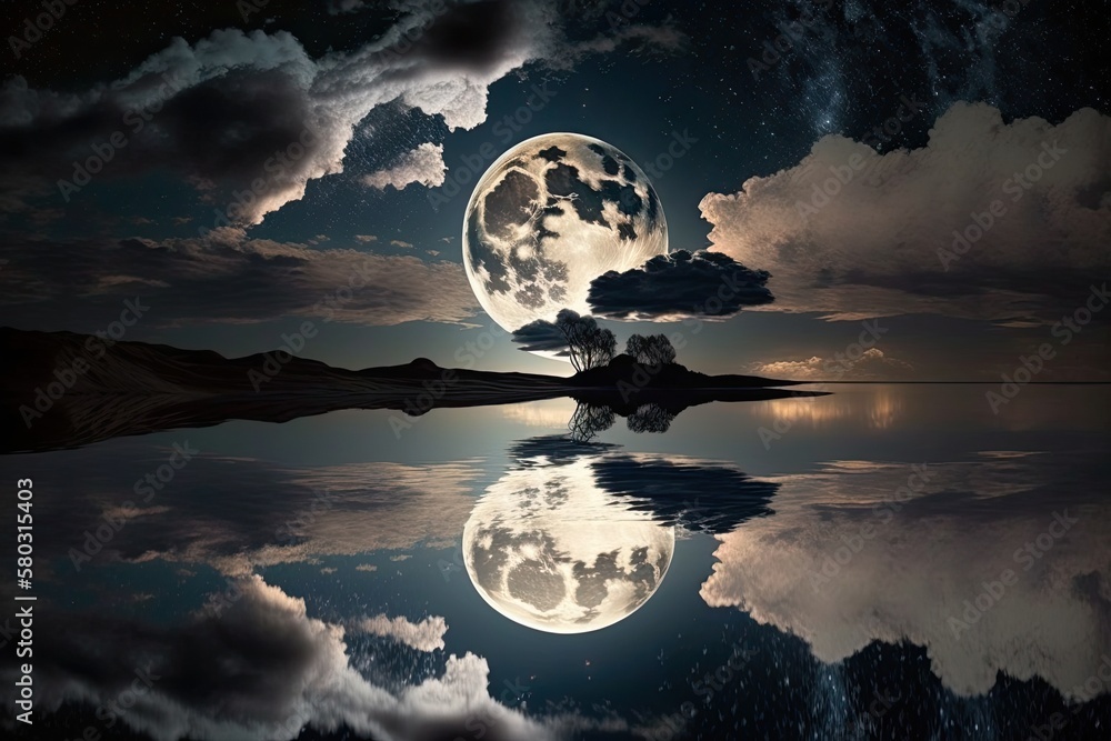 A full moon, reflected in the water, and some stunning clouds make for a breathtaking night sky. NAS