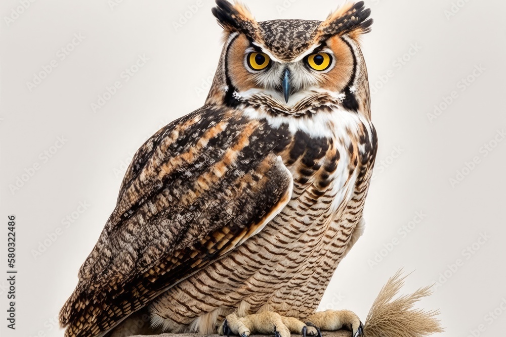 Against a white backdrop, a Great Horned Owl (Bubo virginianus subarcticus). Generative AI