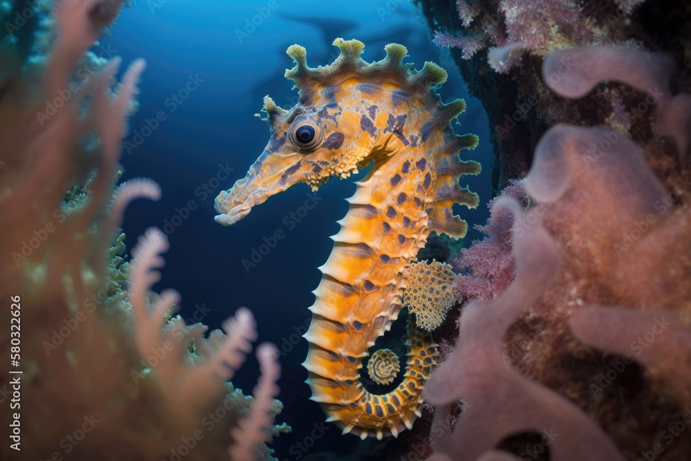 A stunning thorny seahorse on the coral reef of Richelieu Rock in Thailand. Generative AI