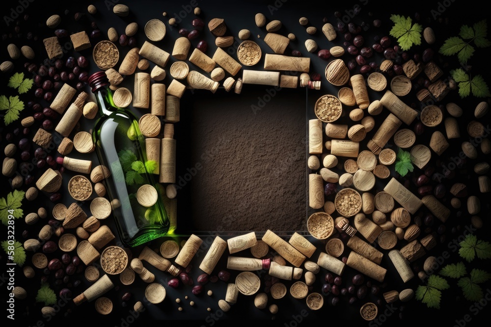 a copy space in front of a background of wine bottles and corks. Generative AI