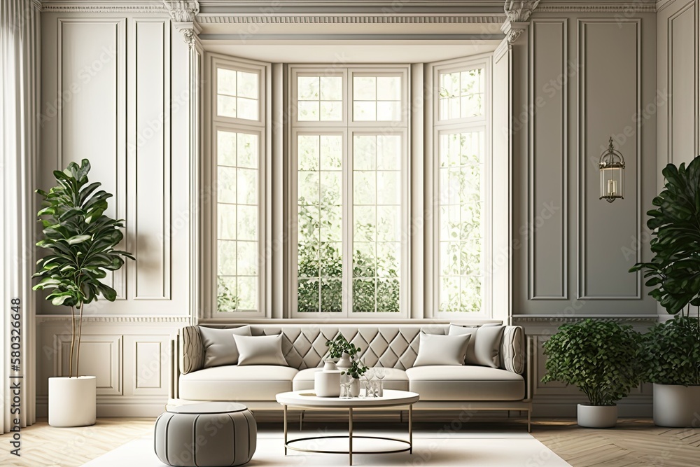Modern luxury interior backdrop with panoramic windows, a view of the outdoors, plants, and a mock u