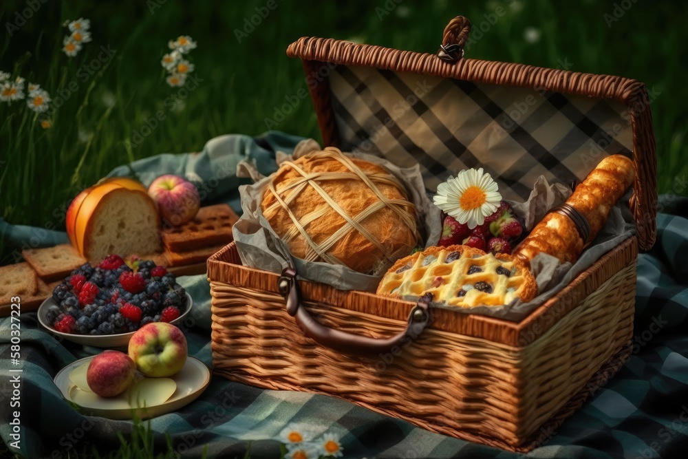 Picnic basket with fruit and baked goods on a plaid background and a flower filled grassland. Lunch 