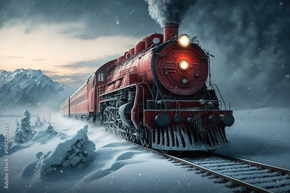 Red Train to the North Pole in the snow (ai generated)