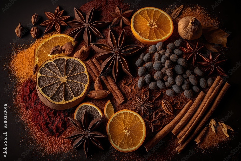 On the table are dried fruits and spices in various colors. idea for a background with spices. Gener