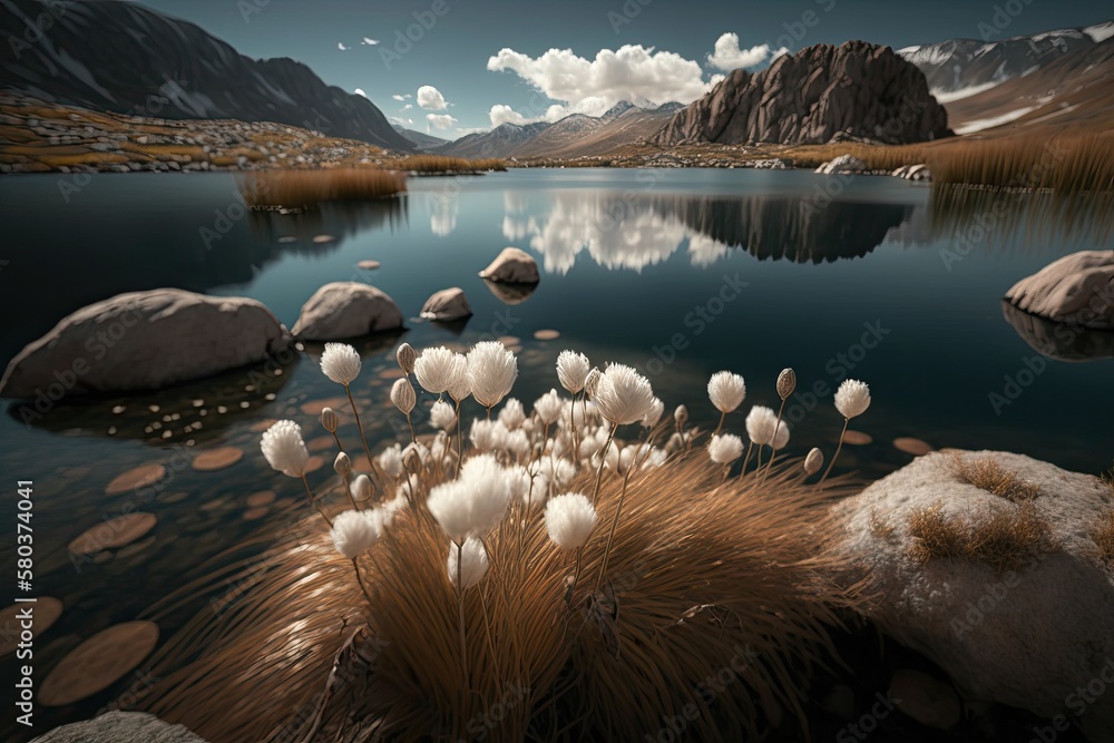 a little alpine lake with cotton grass around it in the backcountry of the French Riviera is majesti