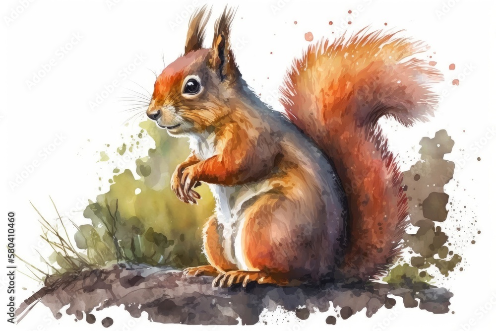 squirrel, a cute animal in a cartoon style. A piece of watercolor clipart of a forest animal on its 