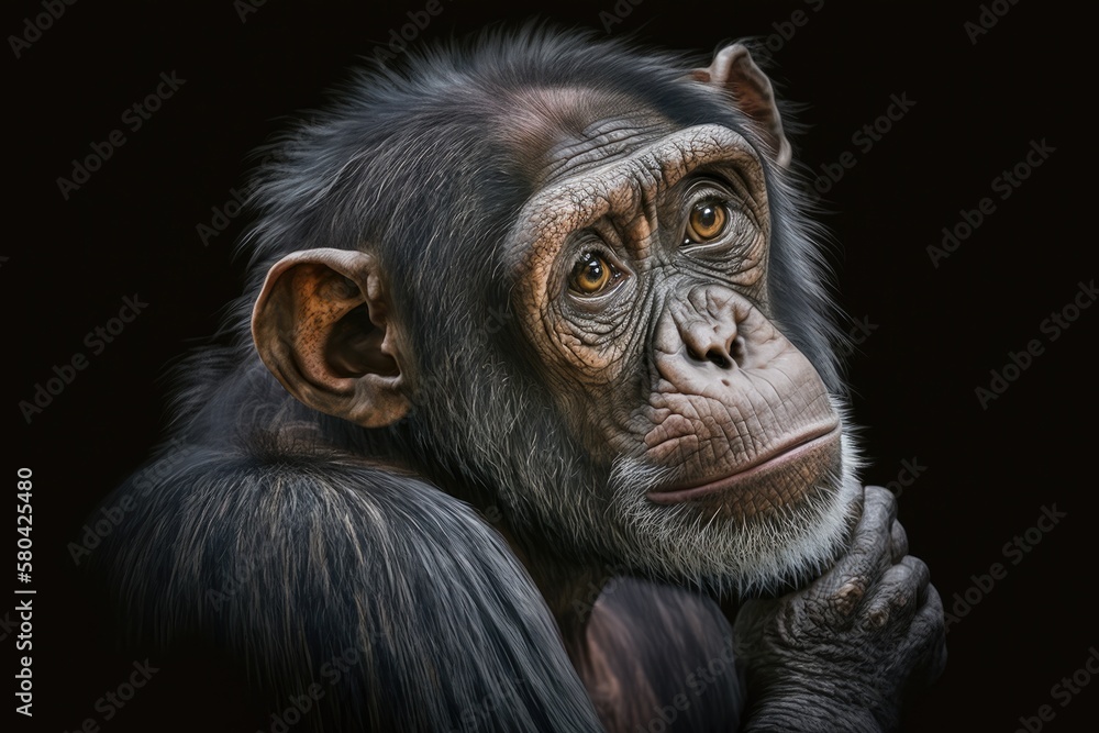 Portrait of a curious chimpanzee that looks like it wants to ask a question, with details pasted on 