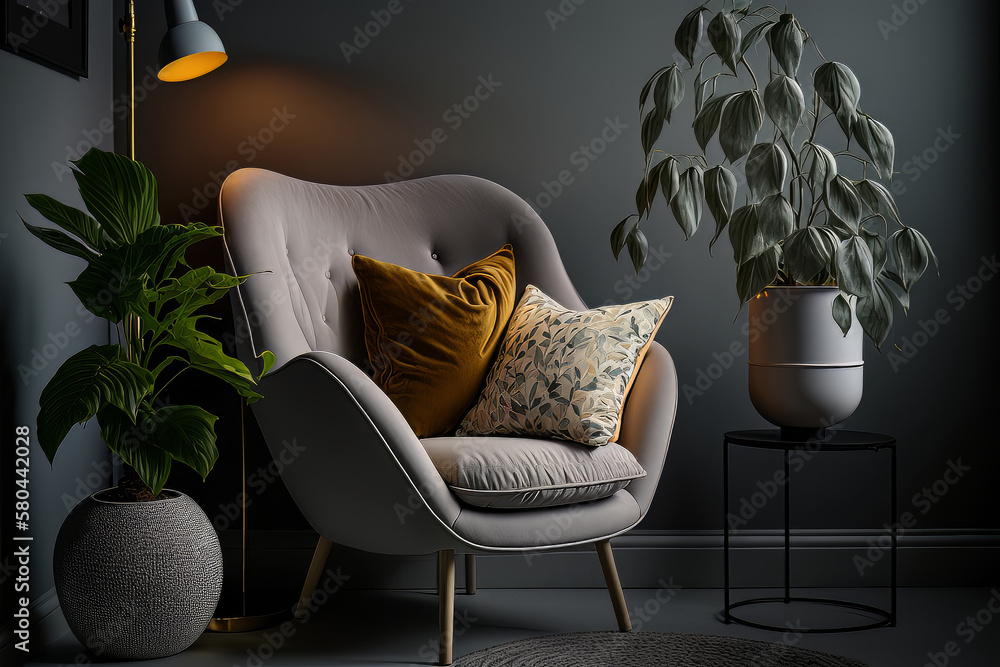 Armchair with pillow glowing lamp plant in pot ottoman. Illustration AI Generative
