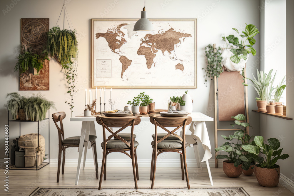 Stylish and botany interior of dining room. Illustration AI Generative