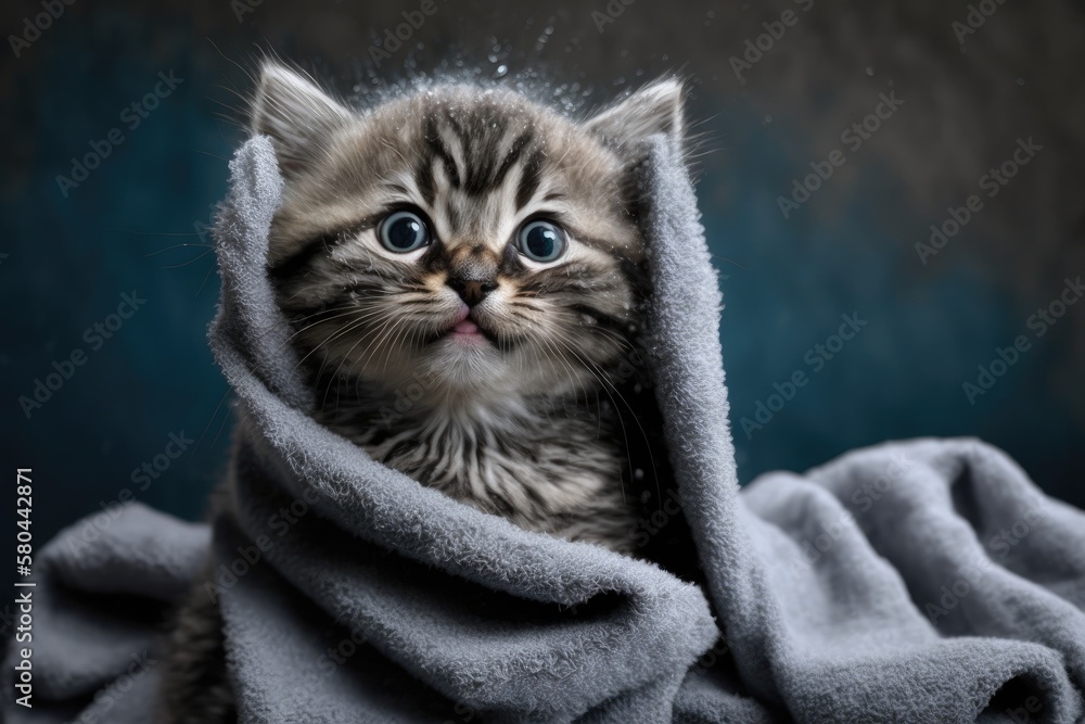 Funny wet gray tabby kitten after a bath with big blue eyes and a big smile. Idea about pets and how