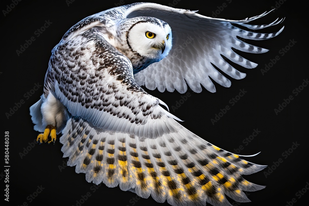 Beautiful Snowy owl Bubo scandiacus in flight, isolated on a black background. A white owl with blac