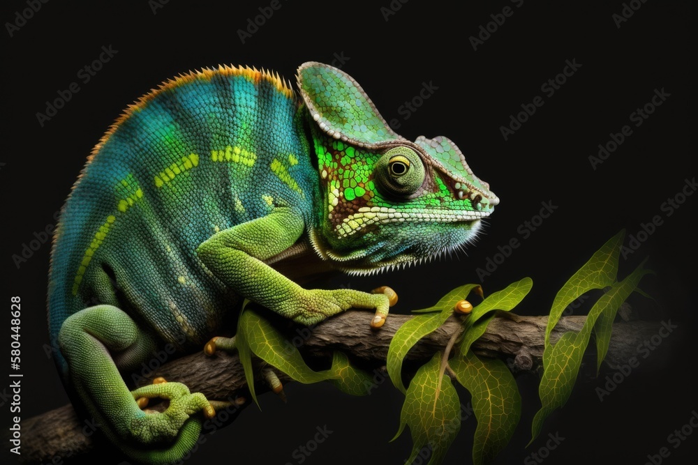Chameleon with black background, beautiful of chameleon, chameleon branch, chameleon panther. Genera