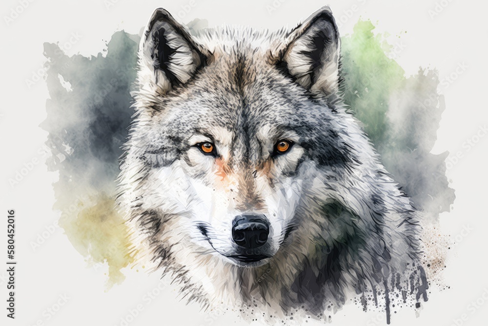 A watercolor painting of a wolfs face. Hand drawn picture of a grey arctic wolf. Wildlife in Canada
