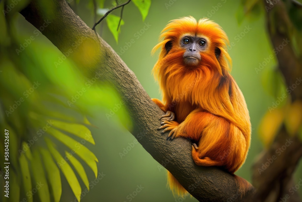 An endangered Golden lion tamarin (Leontopithecus rosalia) sitting on a tree in one of the few remai