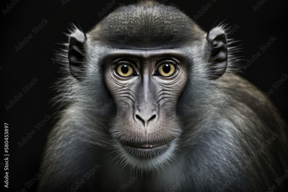 A picture of a monkey with bright eyes looking straight into the camera. Macaca fascicularis, also k
