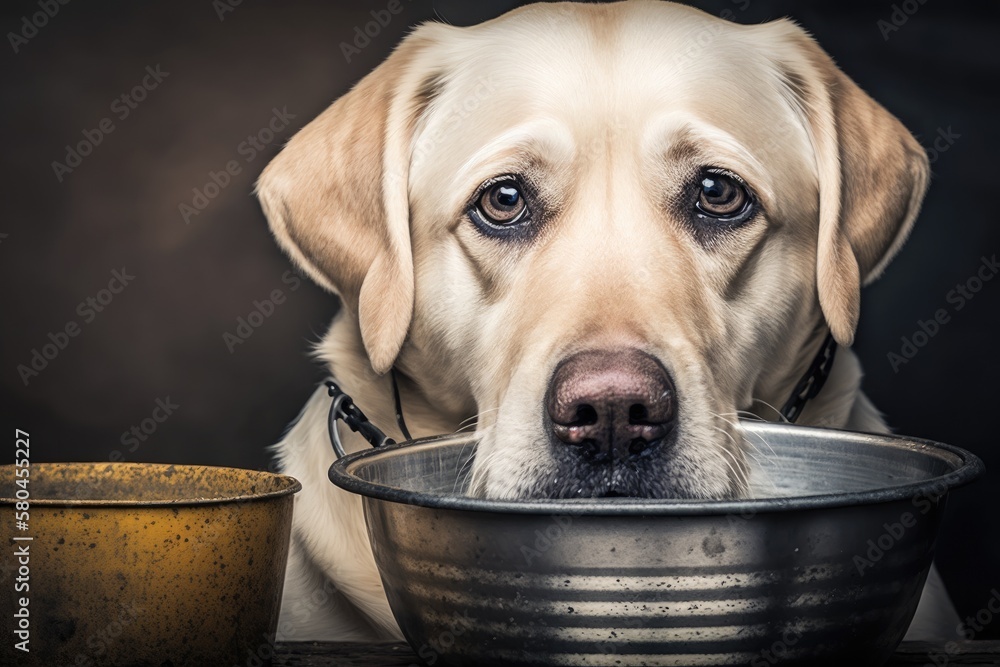 A sad looking, hungry dog waits to be fed. Cute yellow labrador retriever is holding a dog bowl in h