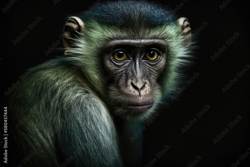 Green monkey close up portrait on black background. Generative AI