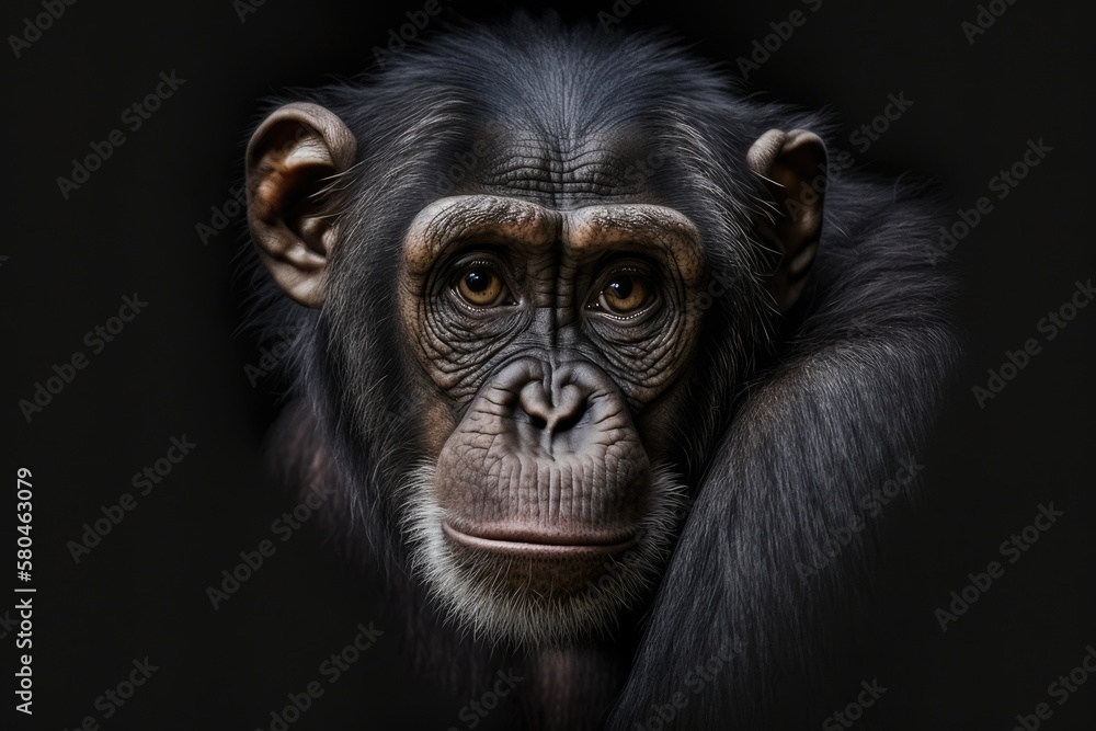 Close up portrait Chimpanzees look straight ahead and are alone on a black background. Generative AI