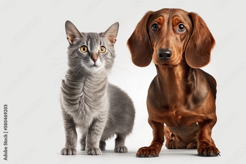 A red dachshund dog and a gray brown cat stand out against a white background. Generative AI