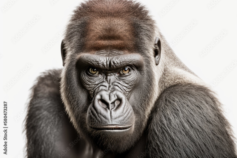 A young Silverback gorilla in front of a white background. Generative AI