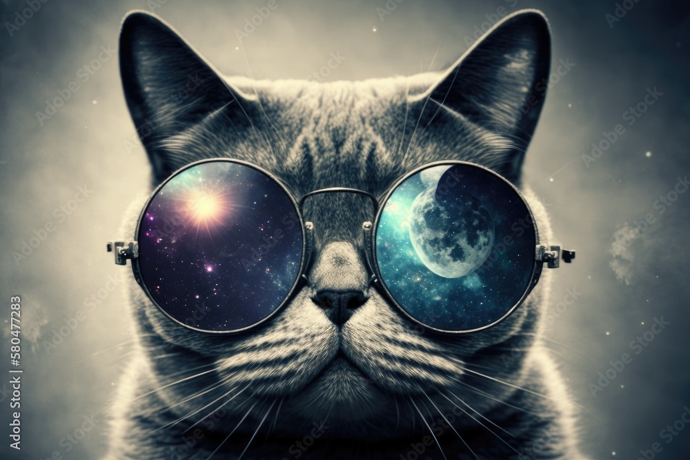 A funny picture of a grey cat wearing sunglasses and looking into space. Blank space. Generative AI