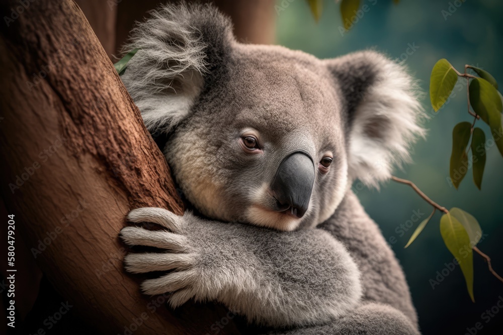 A close up of a koala bear relaxing on a small tree. Generative AI