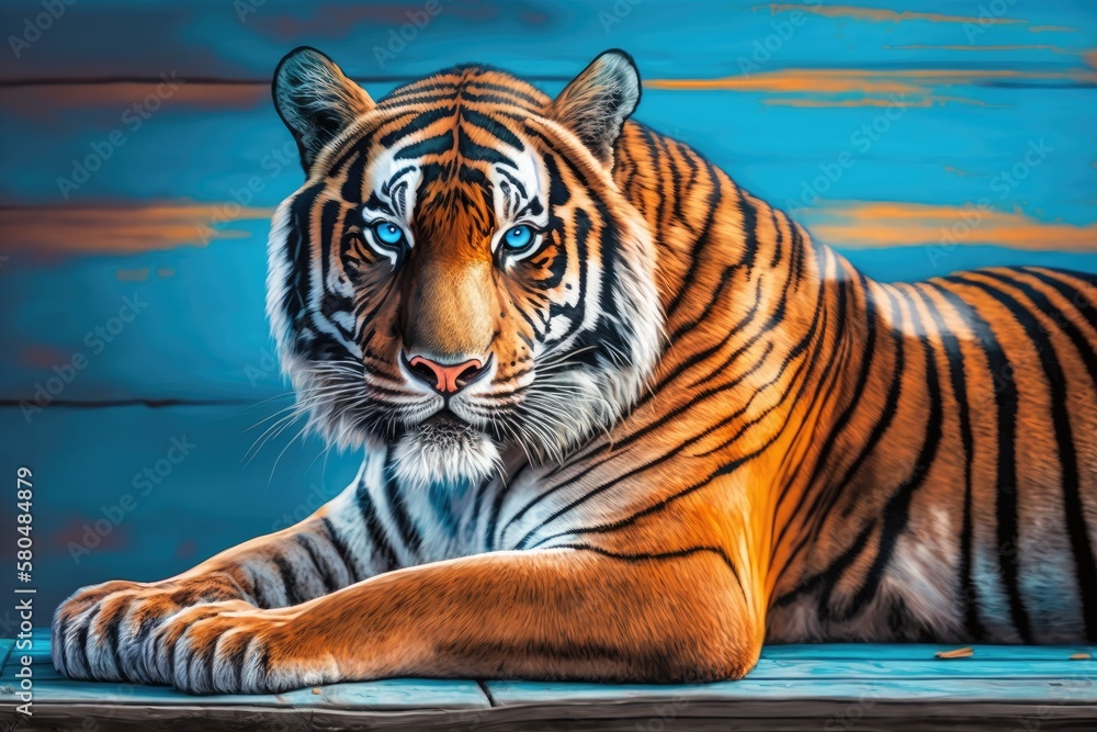 A black striped Siberian or Amur tiger is lying down on a wooden deck. Big size portrait. The blue b