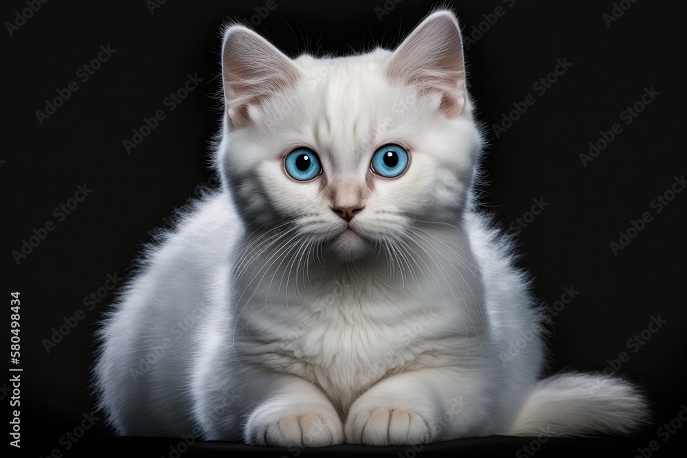 Adorable breed from Britain Front view of a white cat with blue eyes sitting and looking at the came