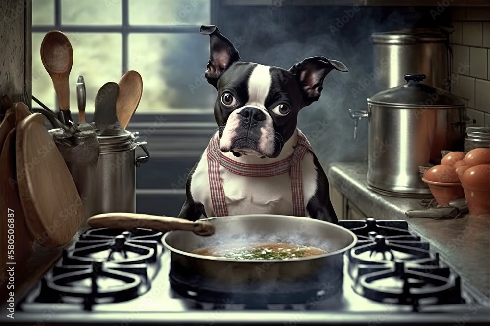 Funny pictures of dogs acting like people. Boston Terrier in a black apron making dinner on a gas st
