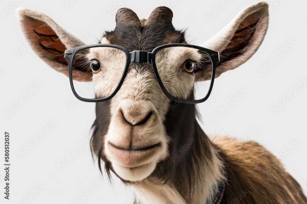 A picture of a goat in glasses with its tongue sticking out, set against a white background. Generat