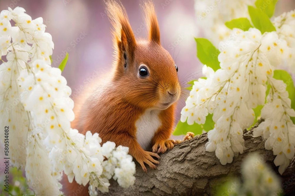 A cute red squirrel sits on a cherry tree in a spring garden full of white flowers. Generative AI