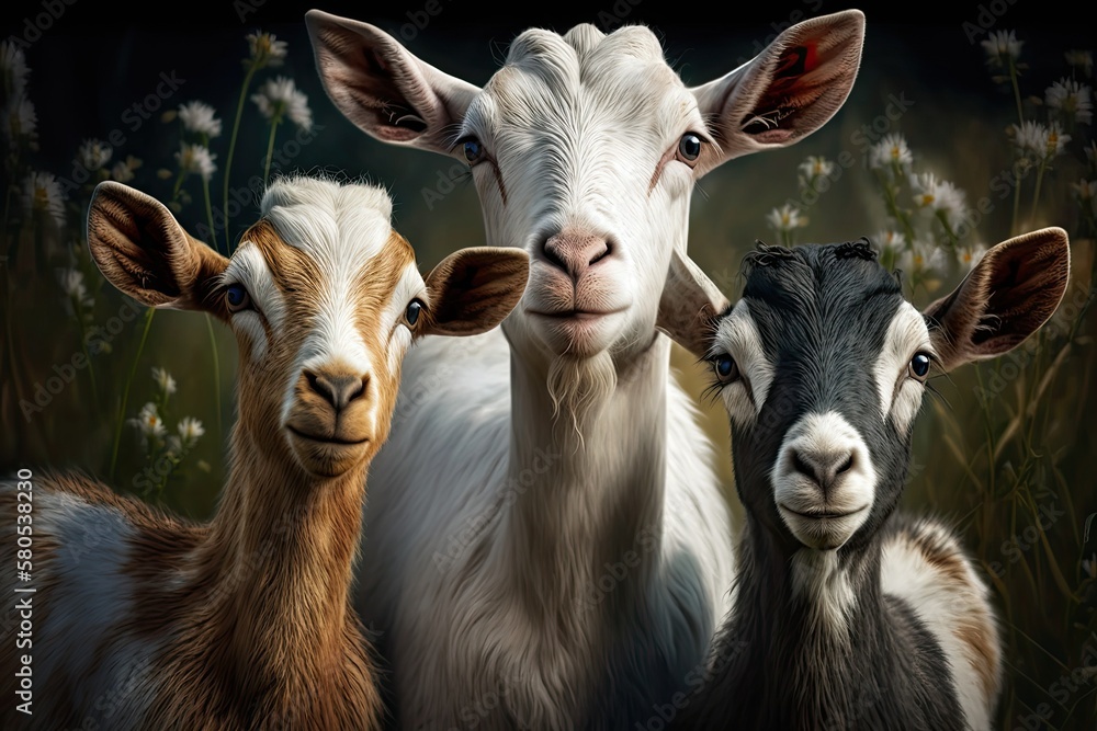 Goats that are kept as pets have a mother goat and two kids. In the wild, in a meadow. Pets. Portrai