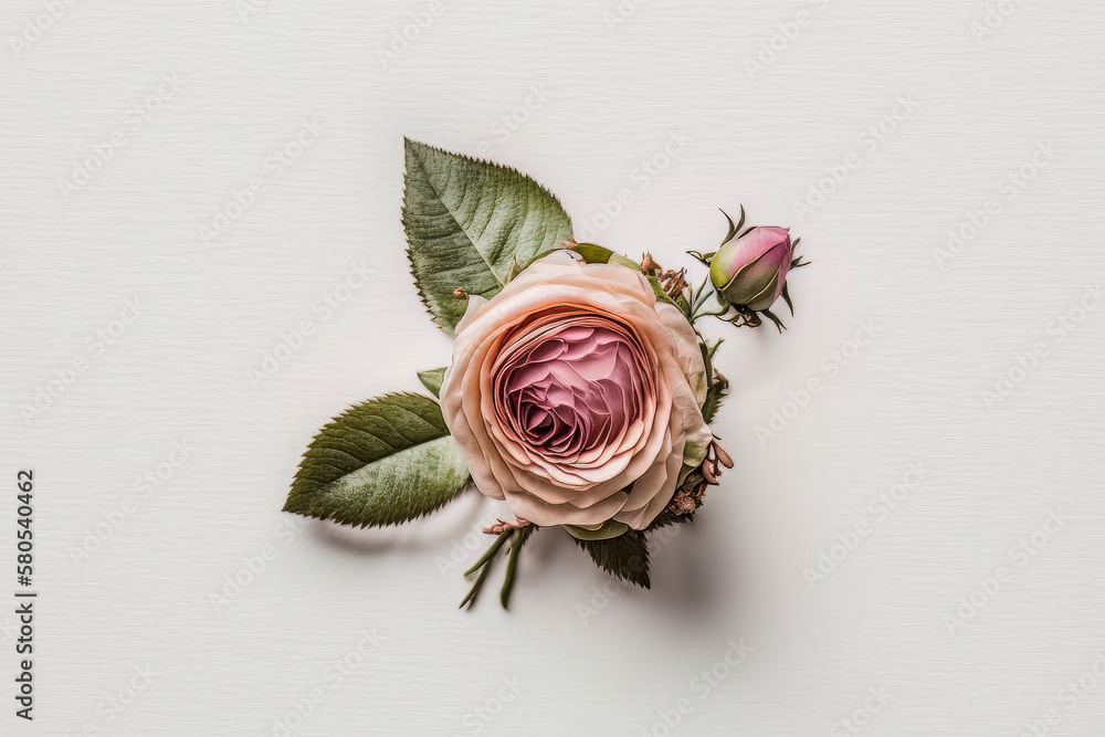 Top view of floral composition of beautiful pink rose. Illustration AI Generative