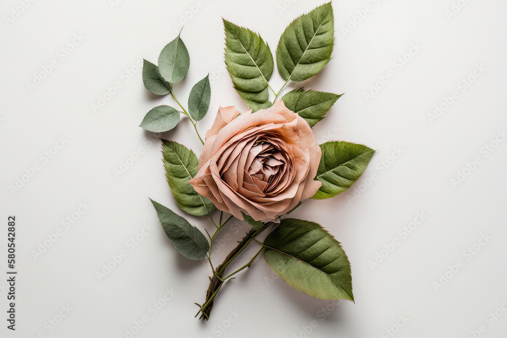 Top view of floral composition of beautiful pink rose. Illustration AI Generative