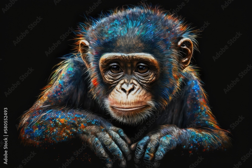 Original oil painting. Monkey that had been painted. On a black background, there are bright colors.