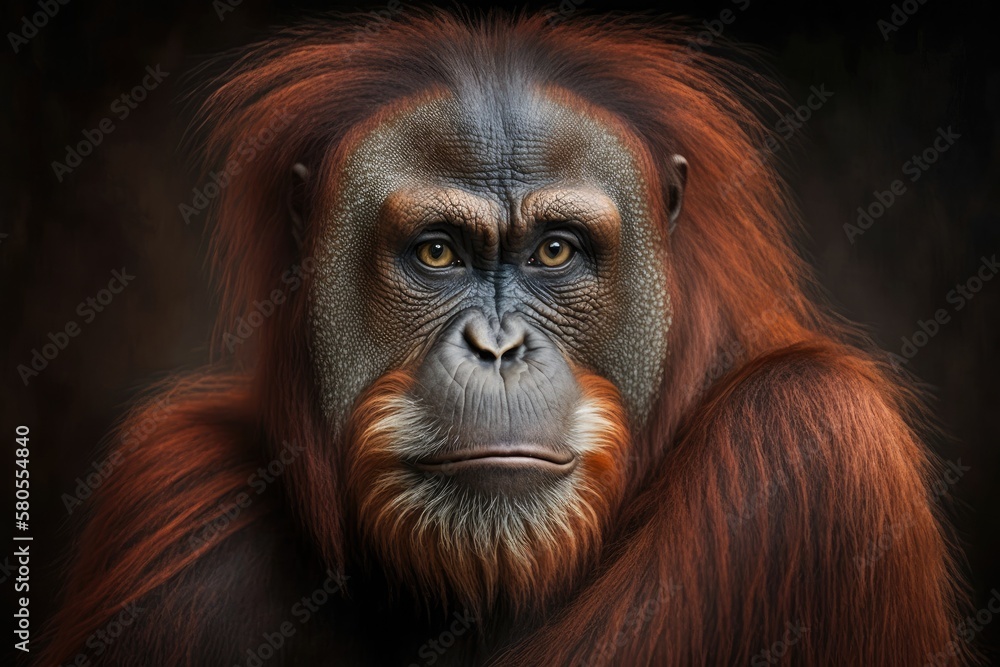 Portrait of A Pogo pygmaeus orangutan from Borneo. Generative AI