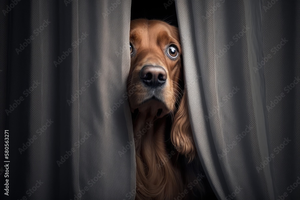 The dog is afraid to go outside, so it is hiding behind the curtains. The idea that dogs get scared 