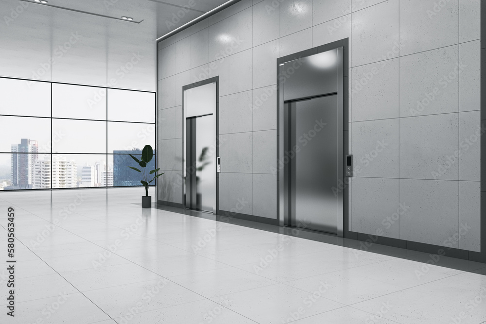 Perspective view on closed elevators in spacious modern business center corridor hall with green pla