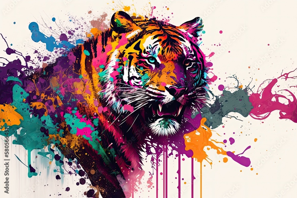 Bright, abstract background with tiger, paint splatters, and splashes of color ar. Generative AI
