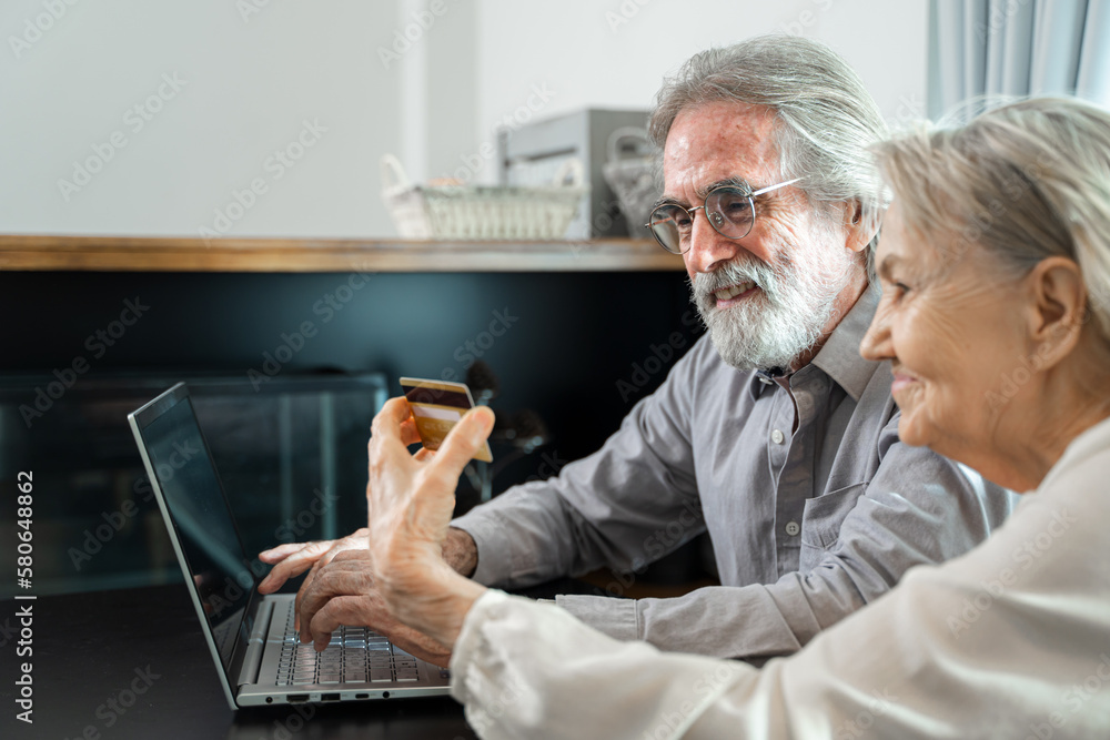 Cheerful mature retired couple shopping on Internet with ecommerce online app on laptop together at 