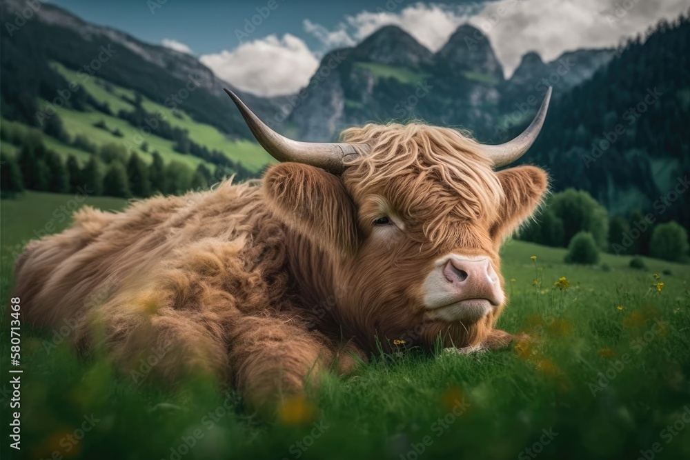 Highland cattle, a Scottish breed of rough looking, shaggy cattle, are laying on the green grass of 
