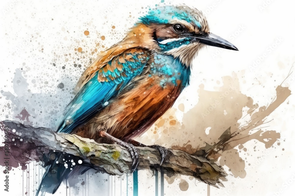 Lovely blue and brown bird. Bird is a beautiful digital watercolour painting. Exotic Birds painting 
