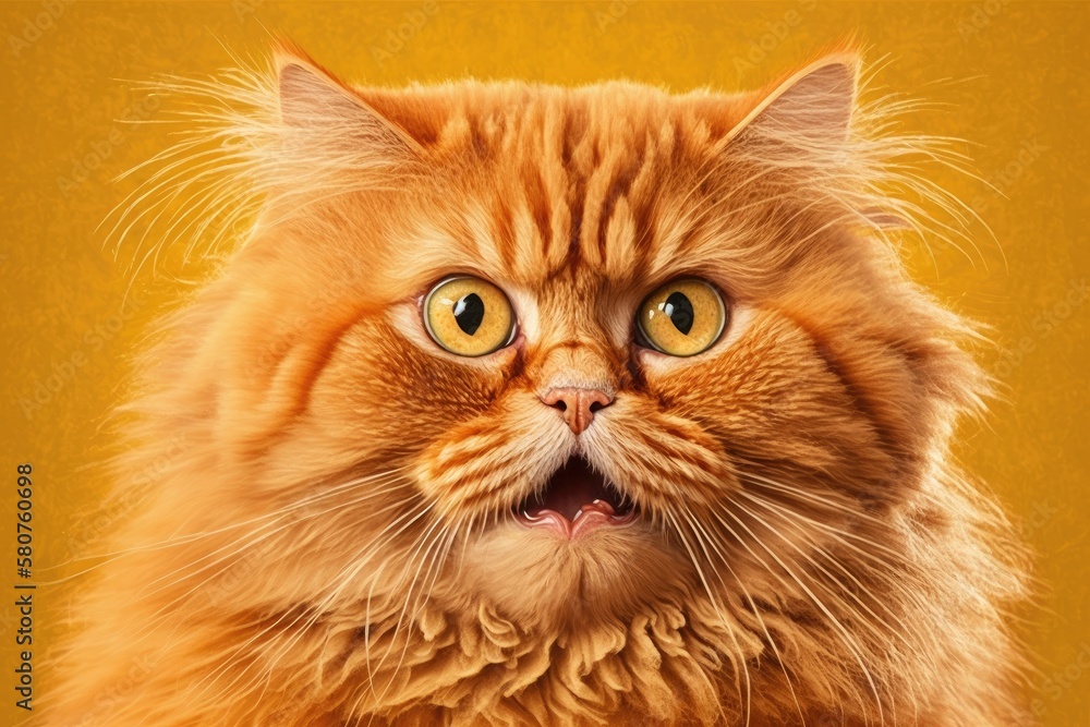 Yellow background with a red cat licking its face. A pet ginger with big eyes that look up. Animal f