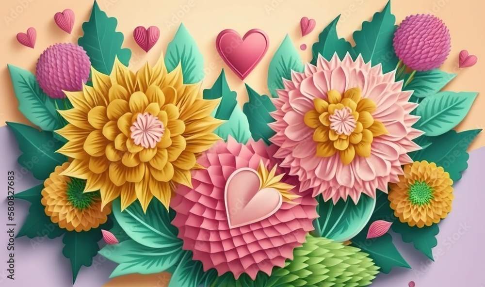  a bouquet of flowers with hearts and leaves on a pink background with a pink heart in the middle of