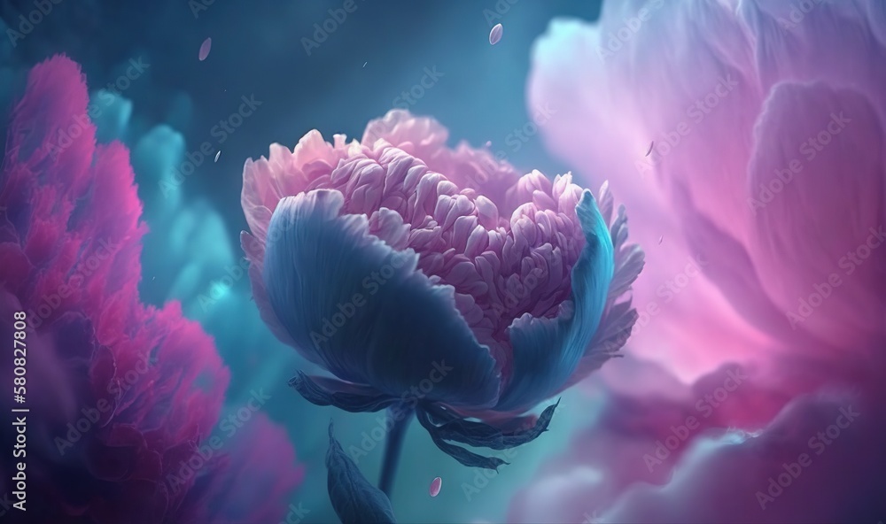  a close up of a flower with a blue background and pink flowers in the foreground and a blue backgro