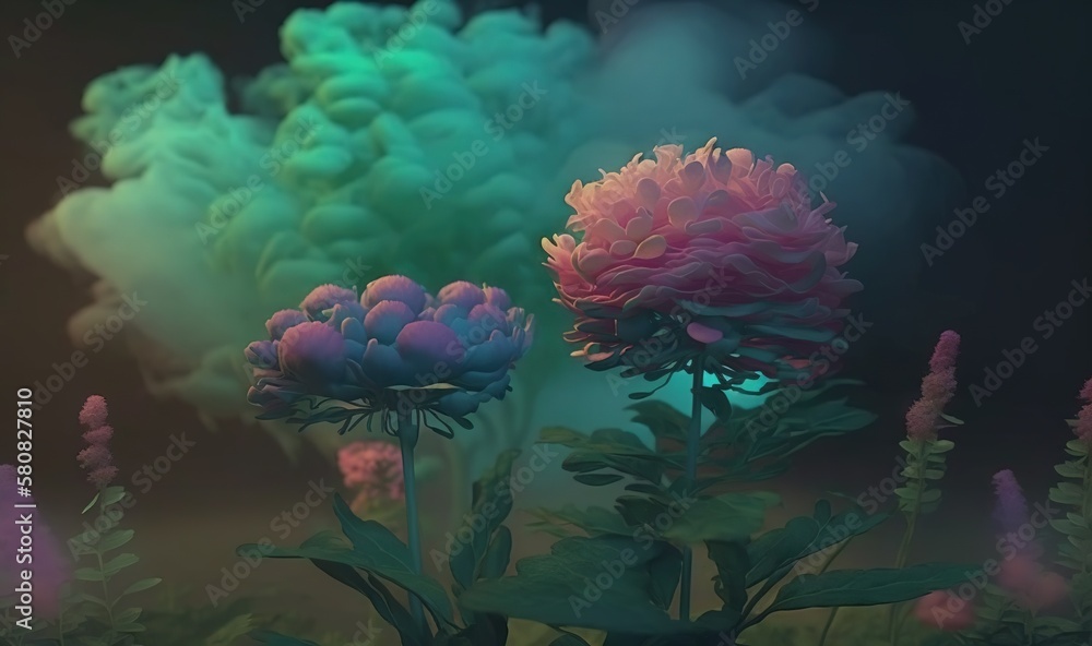  a bunch of flowers that are in the grass with smoke coming out of the top of the flowers and the bo