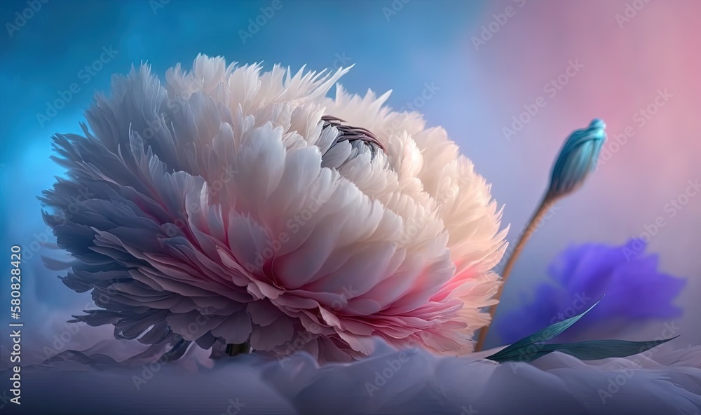  a large white flower with a purple flower in the middle of the picture and a blue flower in the mid