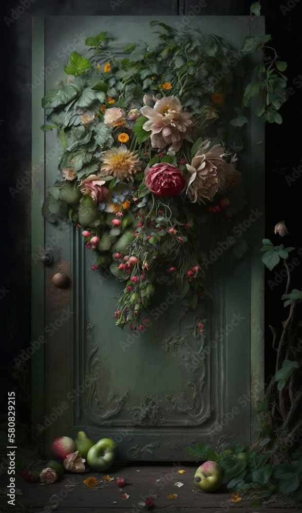  a painting of flowers on a door with leaves and flowers around it, and a bunch of apples on the gro