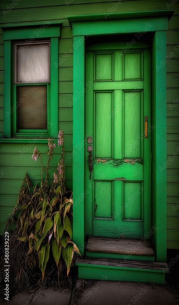  a green door and a green plant in front of a green house with a green door and green trim on the si