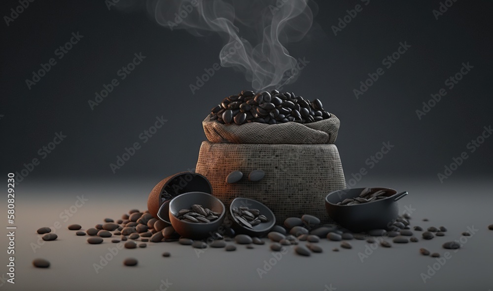  a bag of coffee beans with smoke coming out of it on a pile of coffee beans on a table with coffee 